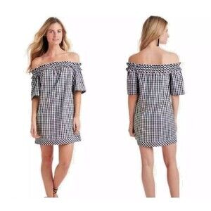 Vineyard Vines Black White Gingham Off the Shoulder Mini Summer Dress XS